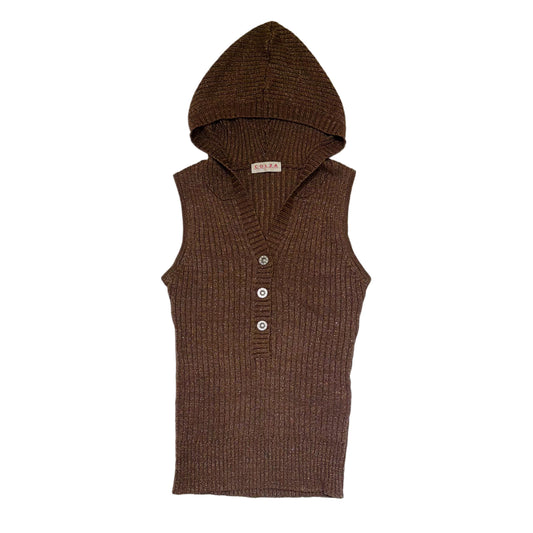 Brown glittering sleeveless hooded top