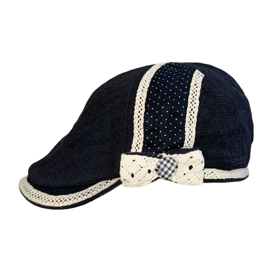 Navy polka dot lace trim flat cap