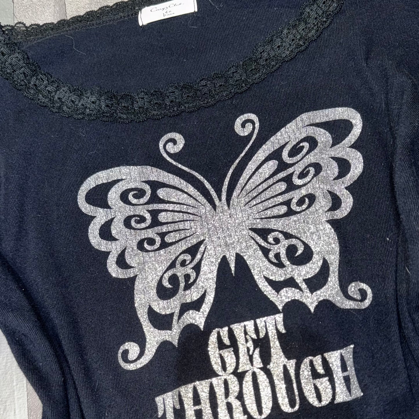 Butterfly “get through” black lace trim long sleeve