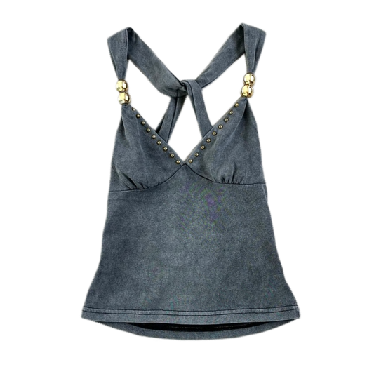 Grey backless tank with gold beads detail