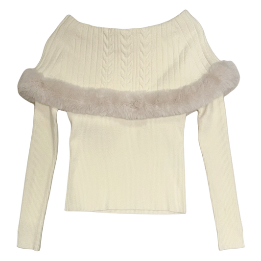 Ivory furry collar knit long sleeve