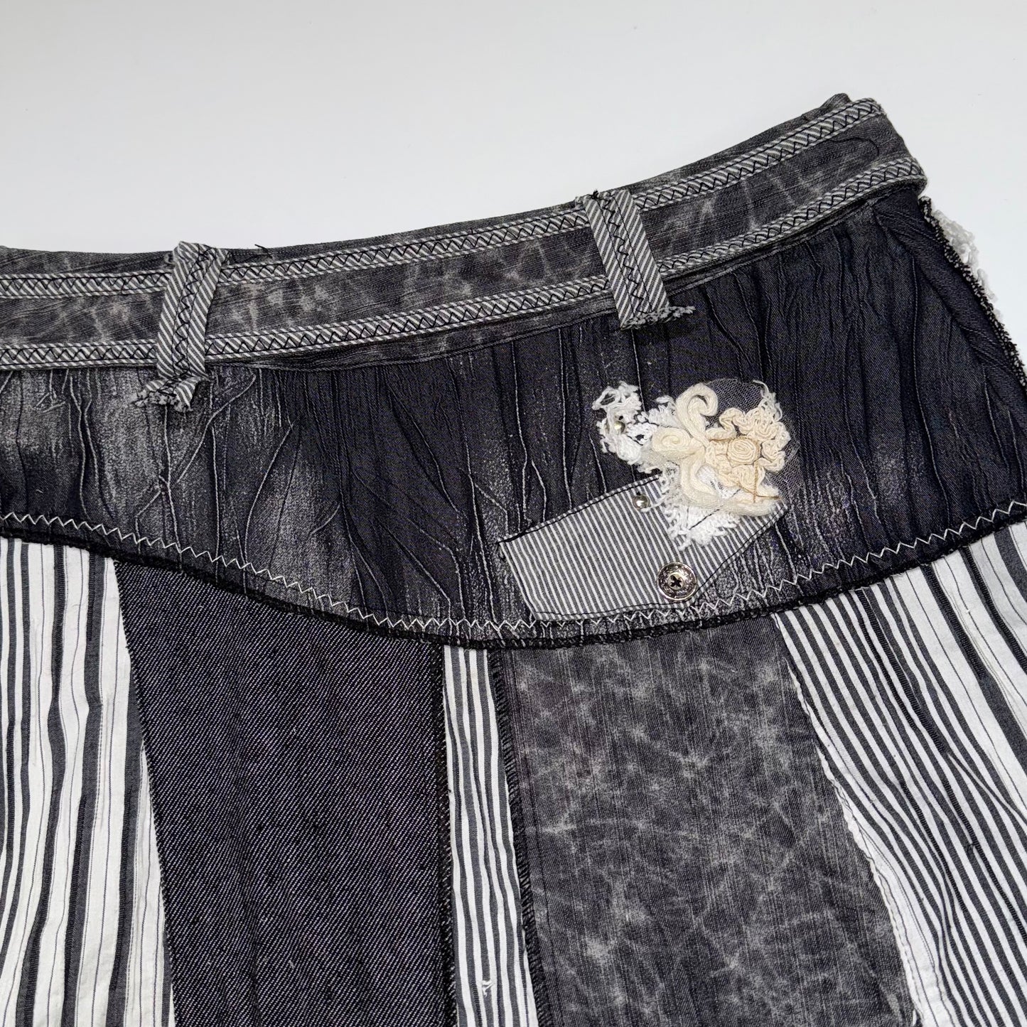 Denim embroidered patchwork skirt with belt