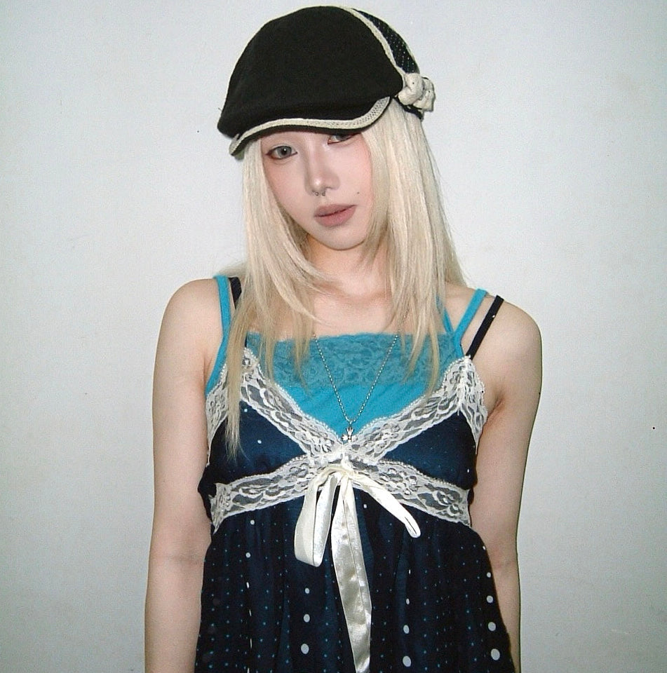 Navy polka dot lace trim flat cap