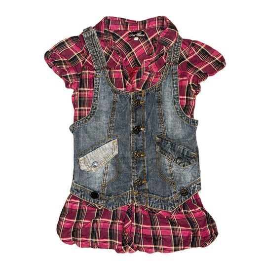 Checkered shirt with denim vest set
