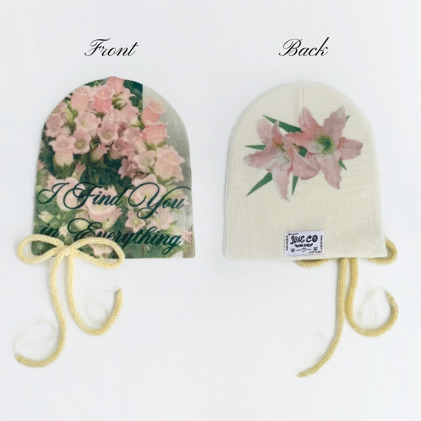 Hand-printed Beanies with Knitted Bow