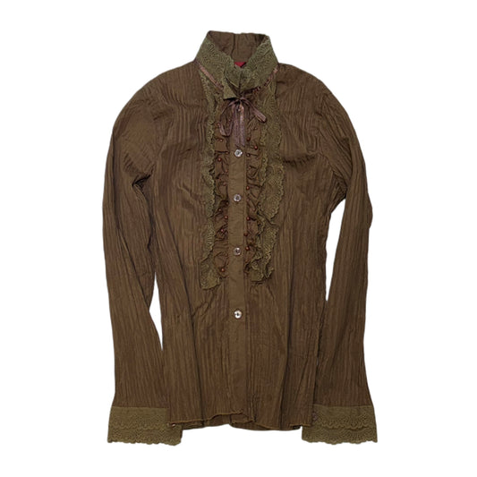 Brown pleated lace shirt