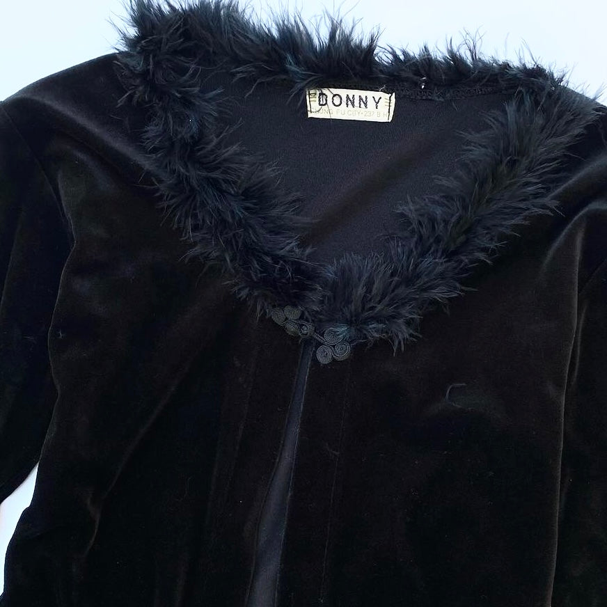 Black velvet outer with furry collar and Chinese button details