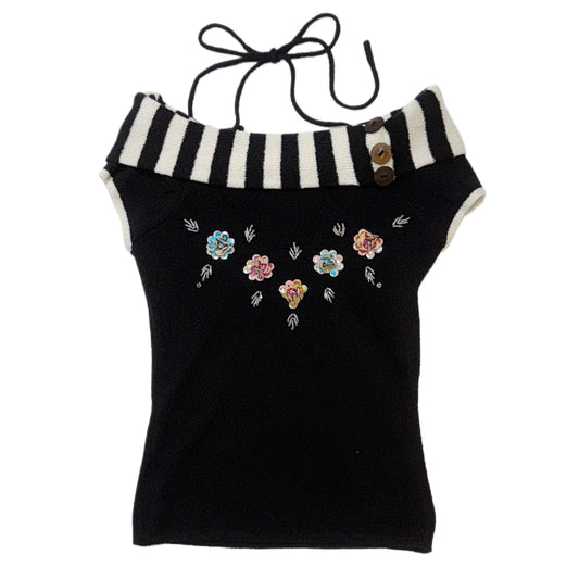 Embroidered floral black knit top