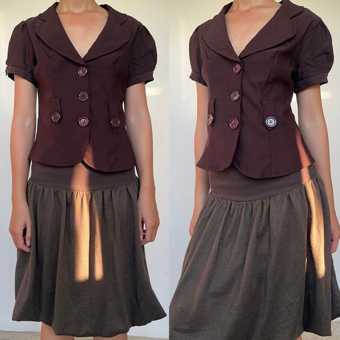 Brown shirt with purple buttons