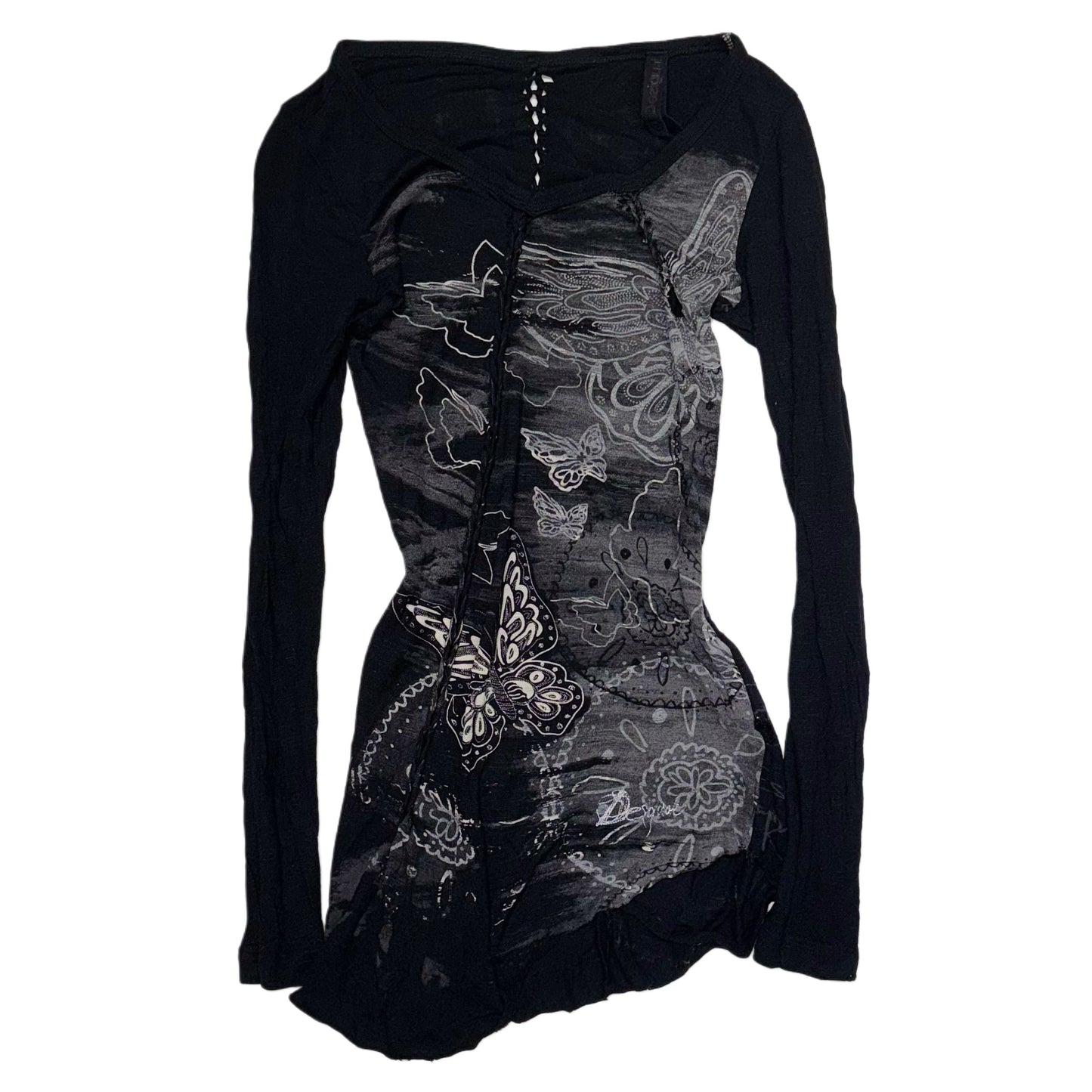 Desigual butterfly distressed long sleeve with asymmetrical hem