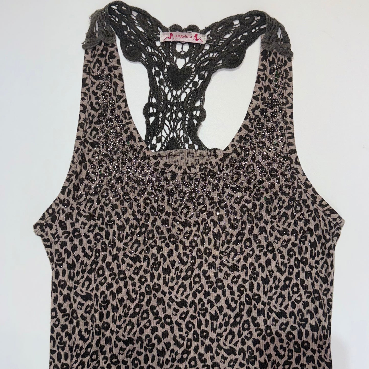 Leopard print rhinestone lace top