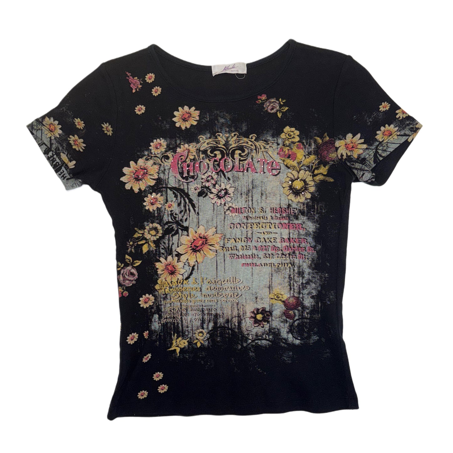Black floral rhinestones top