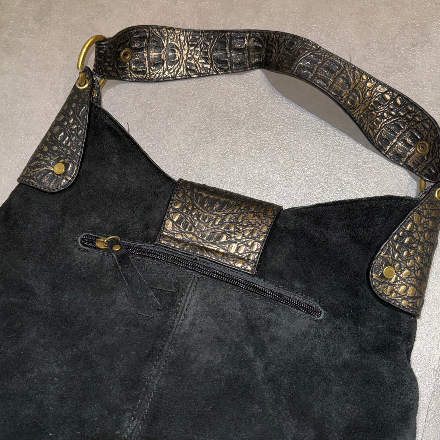 Black suede embroidered bag