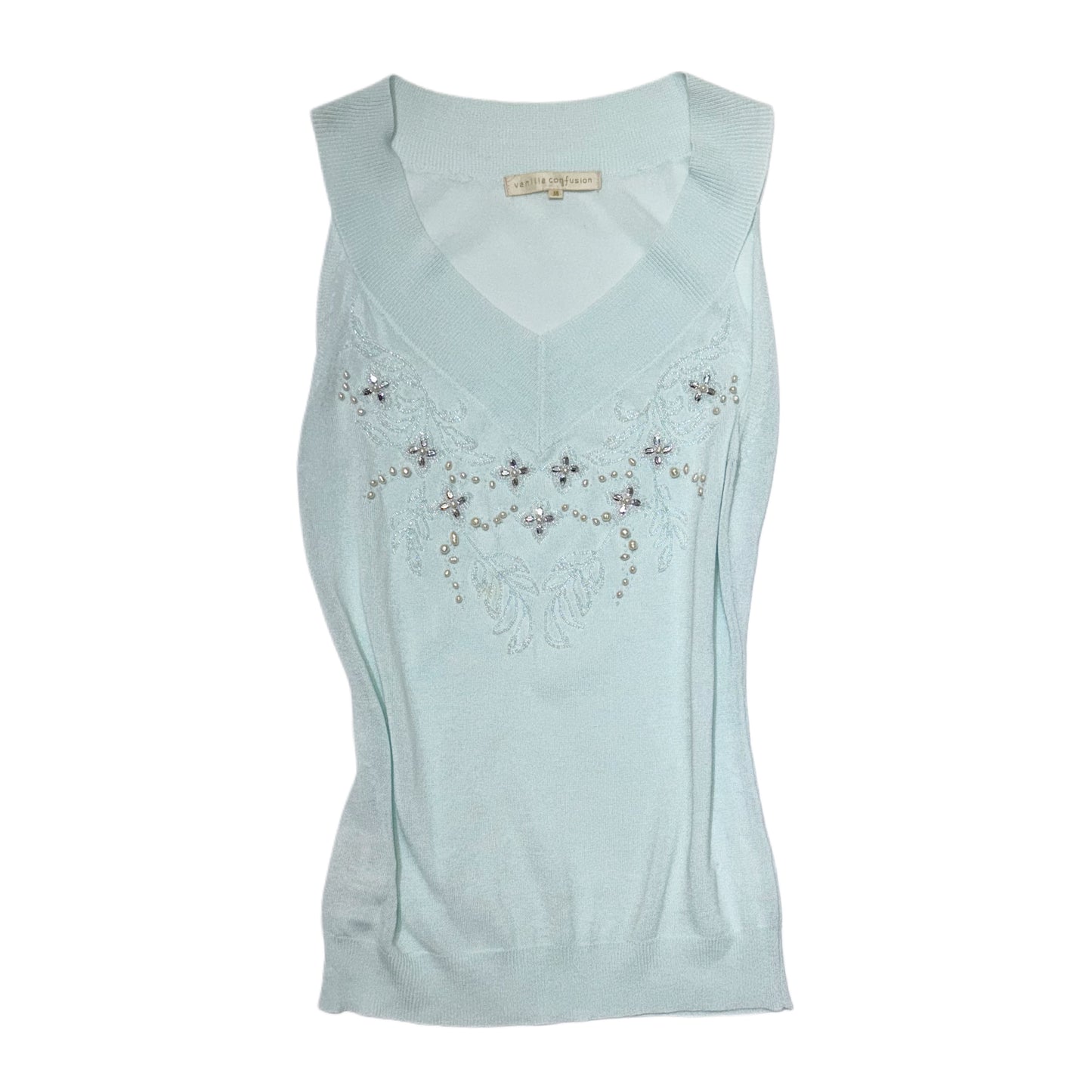 Baby blue sequin and bead knit top