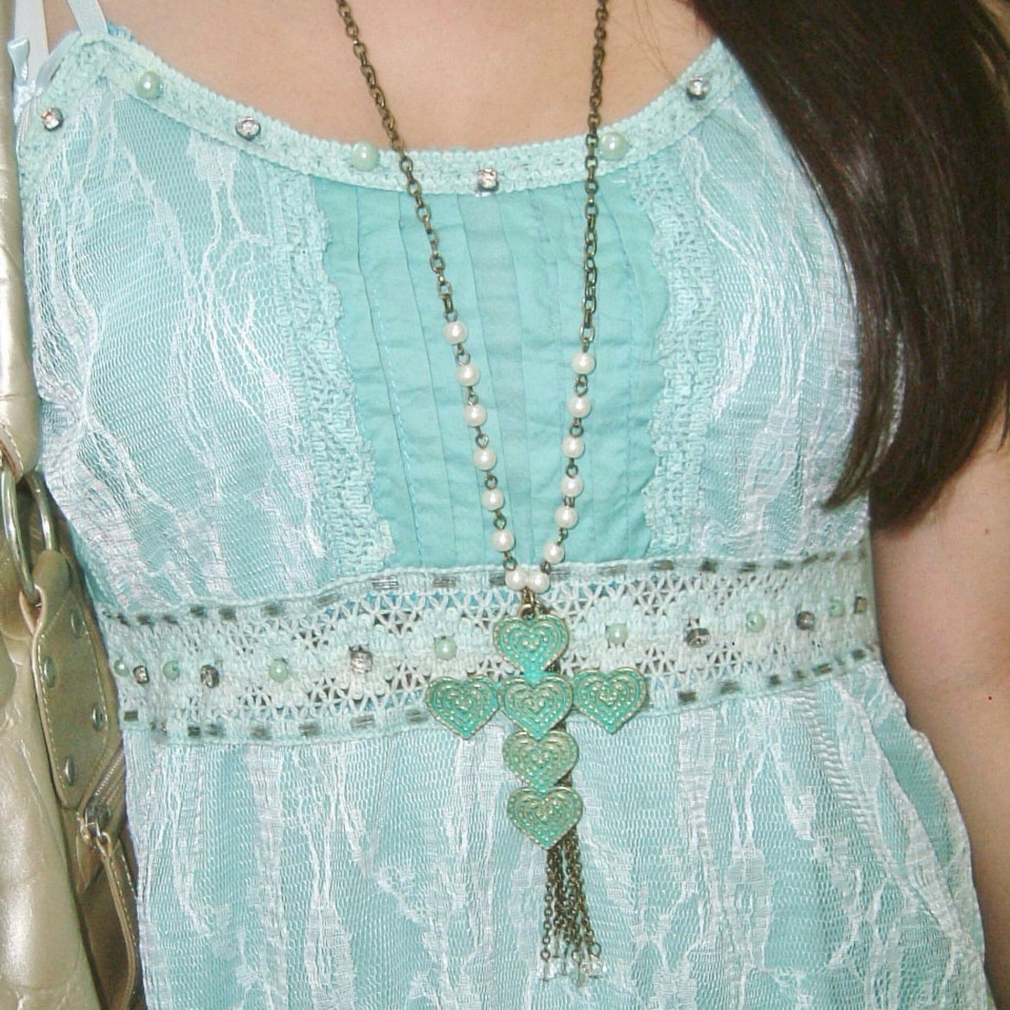 Mint heart cross pearl long necklace