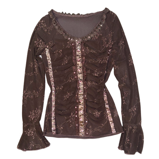 Floral lace trim mesh long sleeve