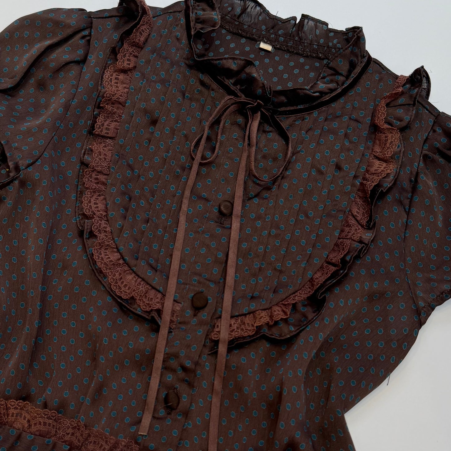 Polka dot lace mesh brown shirt