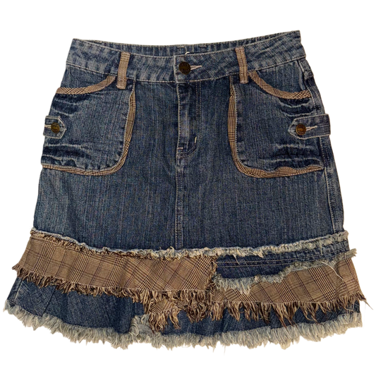 Denim brown checkered frayed edges skirt