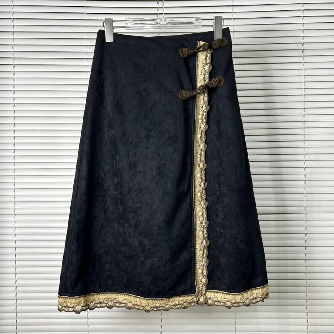 Black suede lace trim skirt