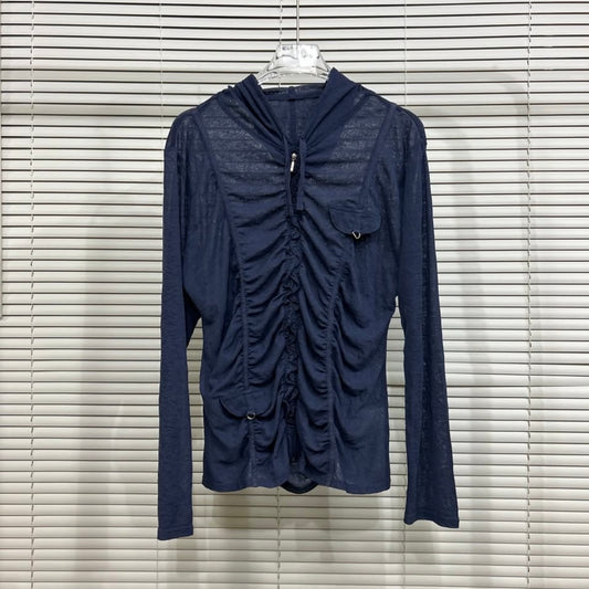 Indigo ruffle mesh zip up hoodie