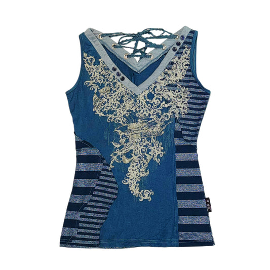Ozz Angelo v-neck glittering blue patchwork top