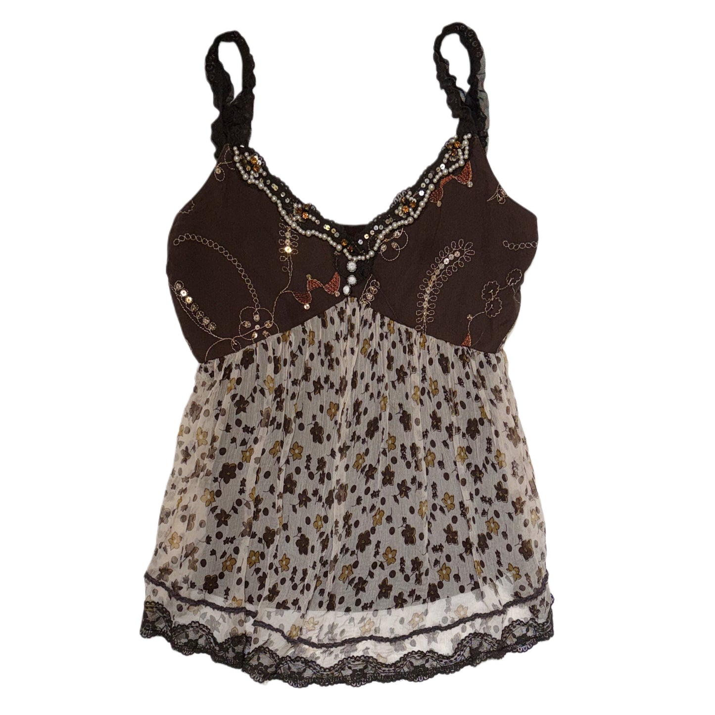 Brown floral embroidered lace trim tank