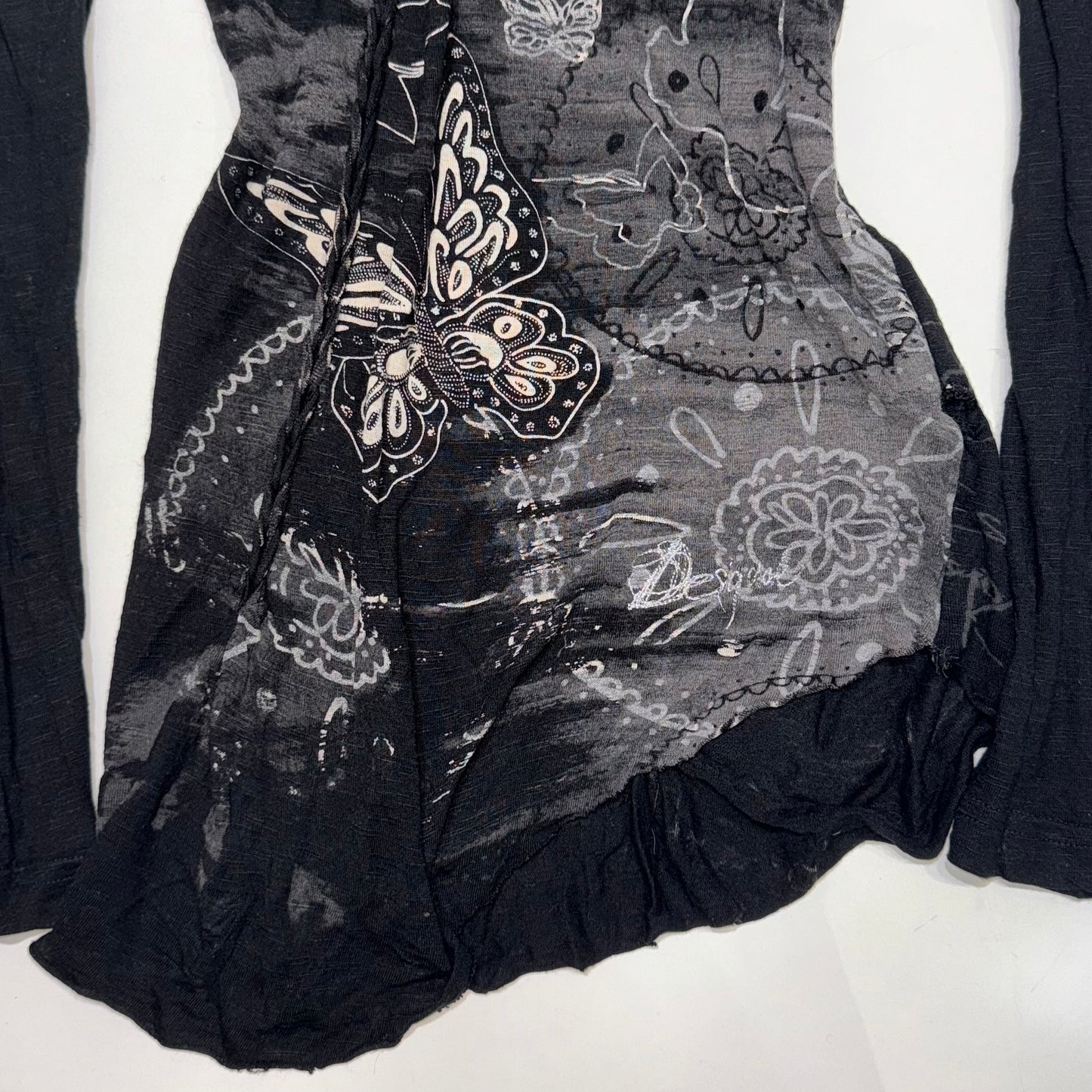 Desigual butterfly distressed long sleeve with asymmetrical hem