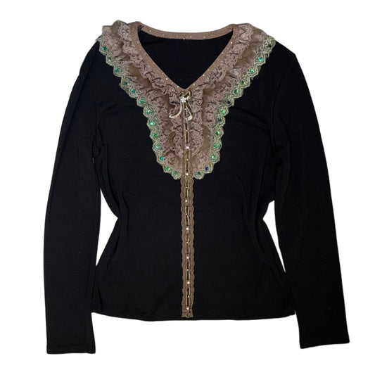Black fur trim embroidered lace long sleeve