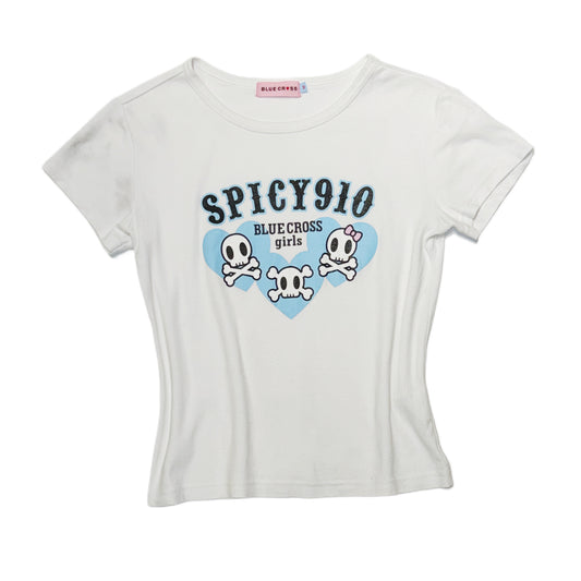 Blue cross skull white top