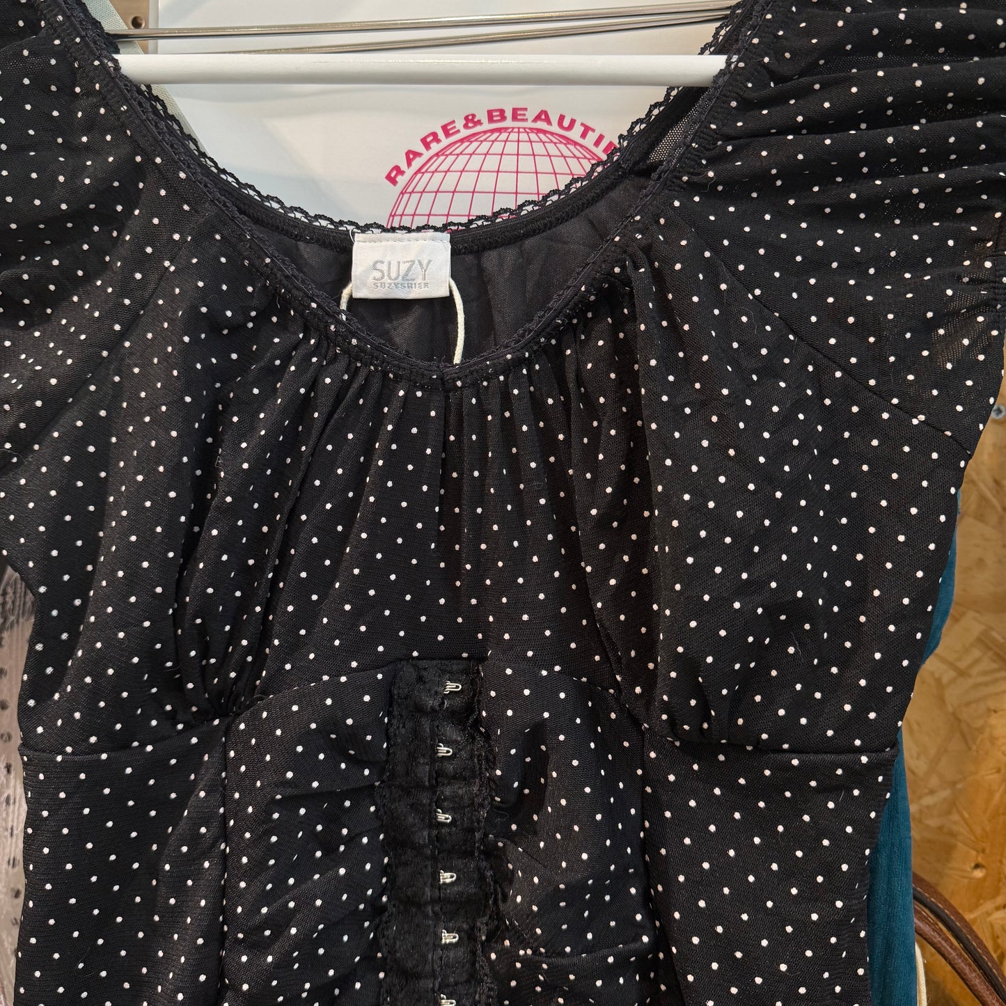 Black polka dot hook and eye milkmaid top