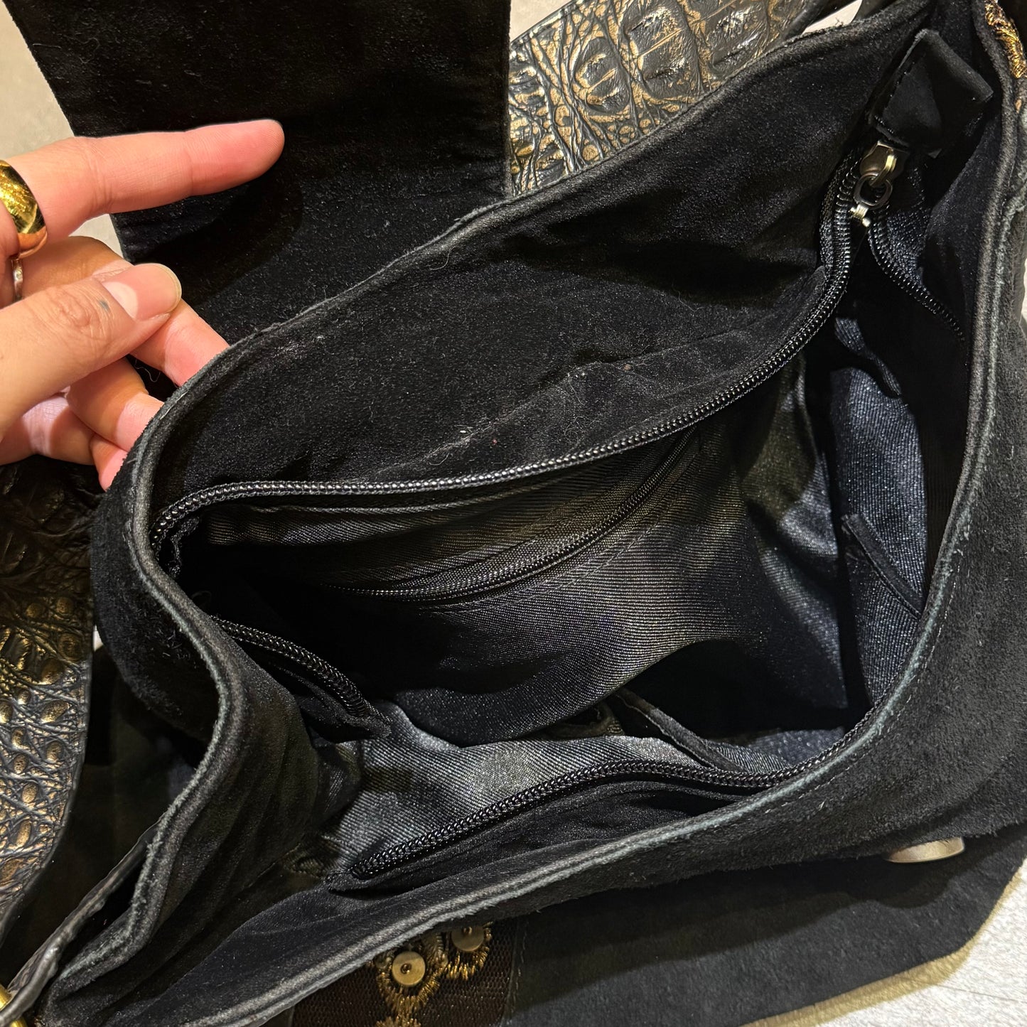 Black suede embroidered bag