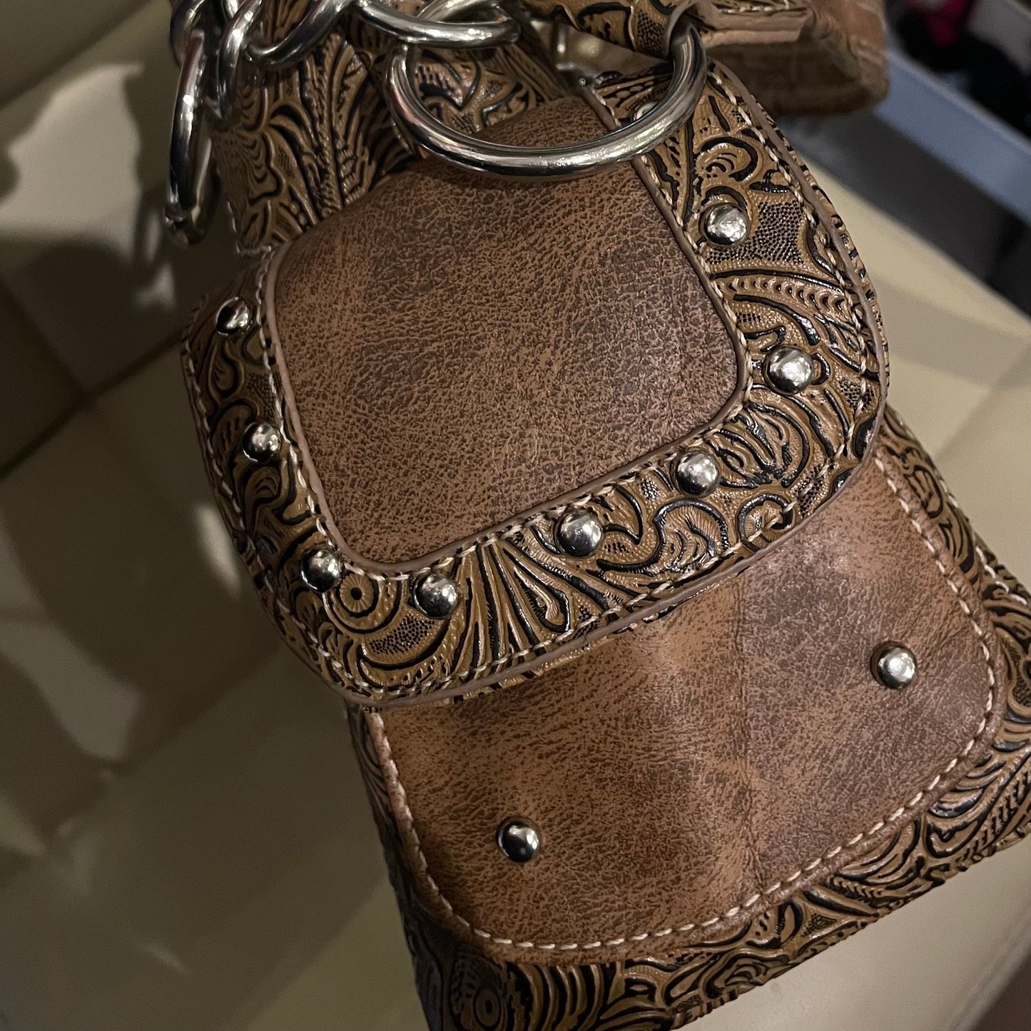 Western brown leather shoulder chains bag