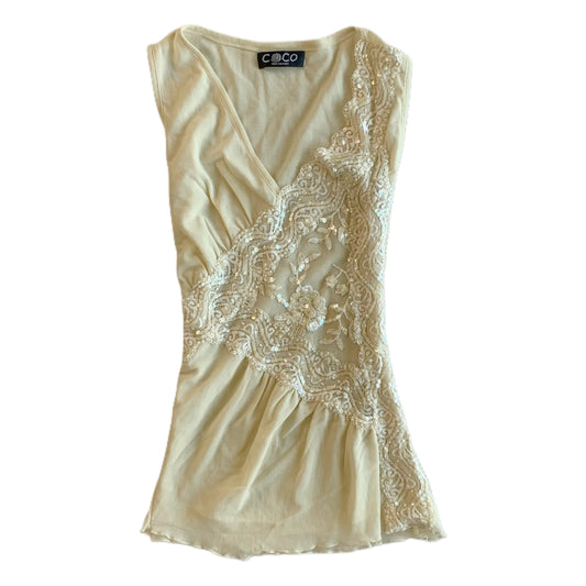 Ivory embroidered mesh top