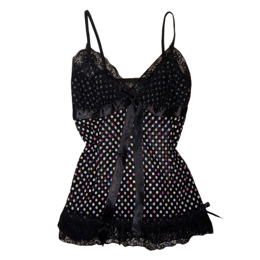 Pink black polka dot lace tank