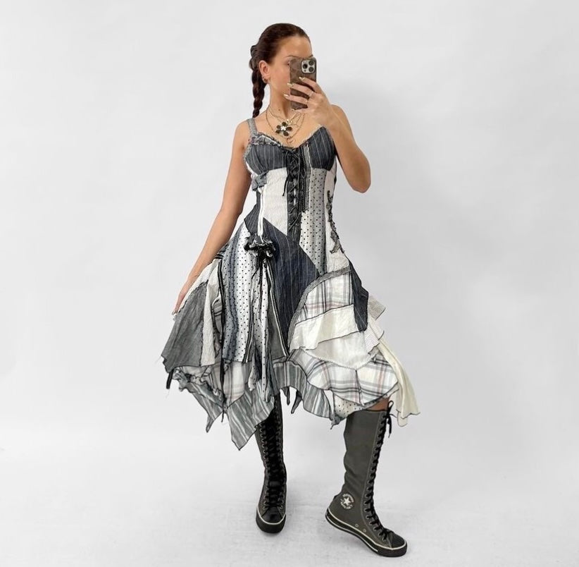 Denim patchwork polka dot lace dress