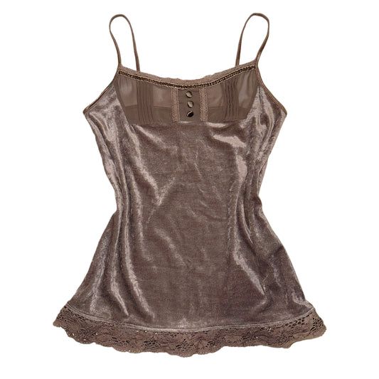 Brown velvet lace trim tank with button detail