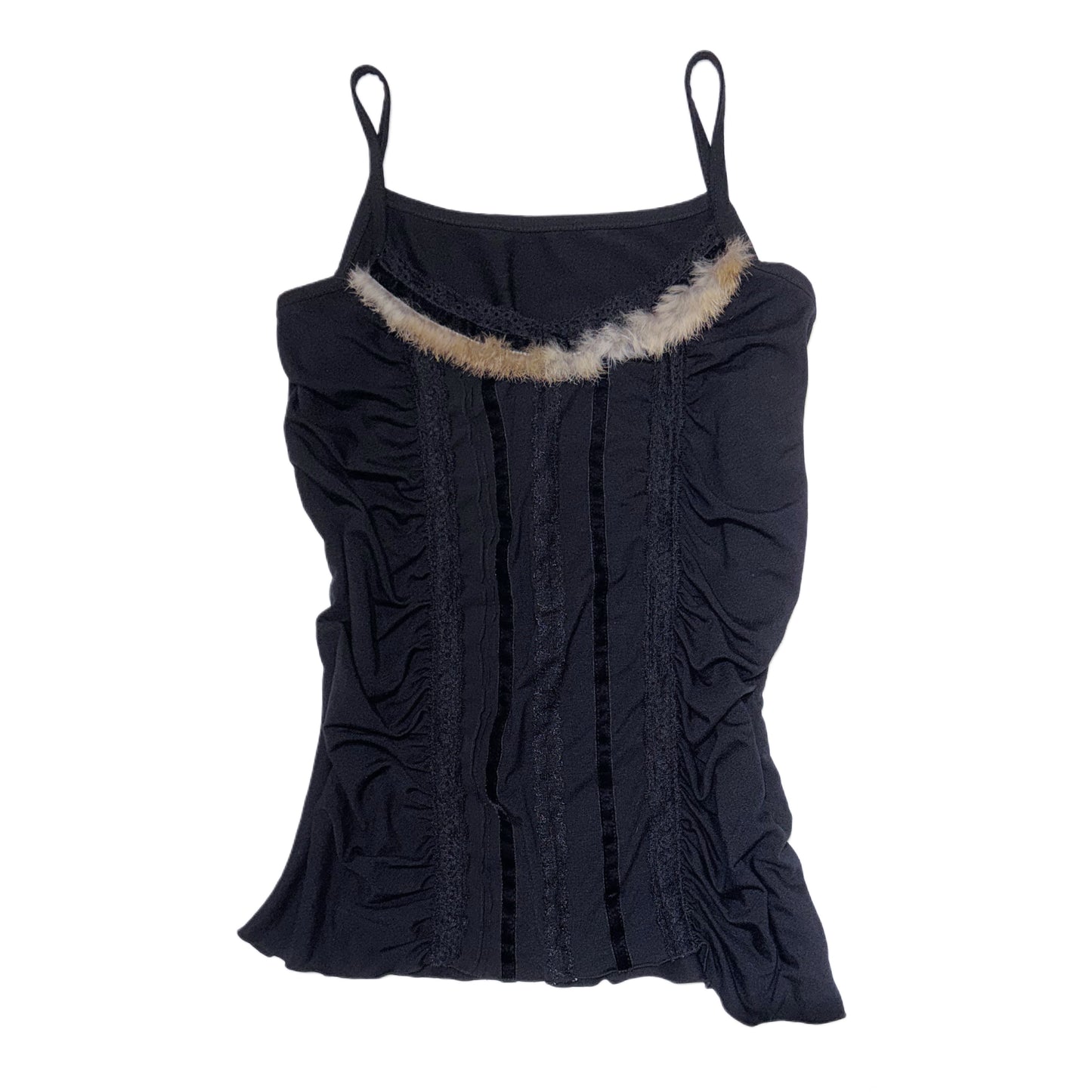Black ruffle lace fur trim tank