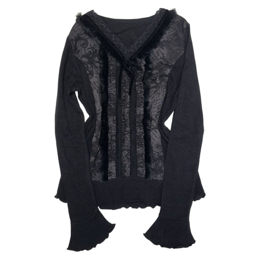 Black lace furry ruffle patchwork long sleeve
