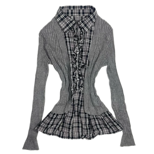 Grey knit layered checkered shirt