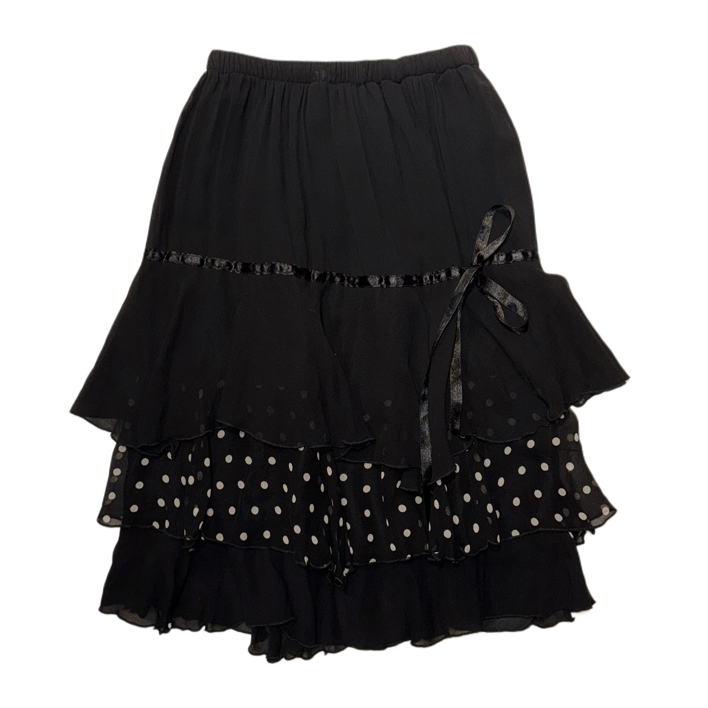Black polka dots layered silk mesh skirt