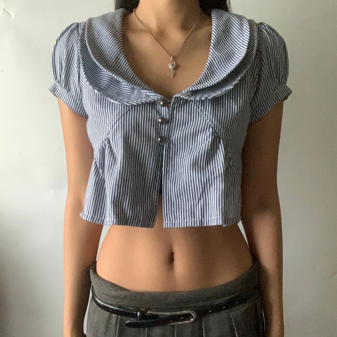 Navy stripe double collar cropped outer