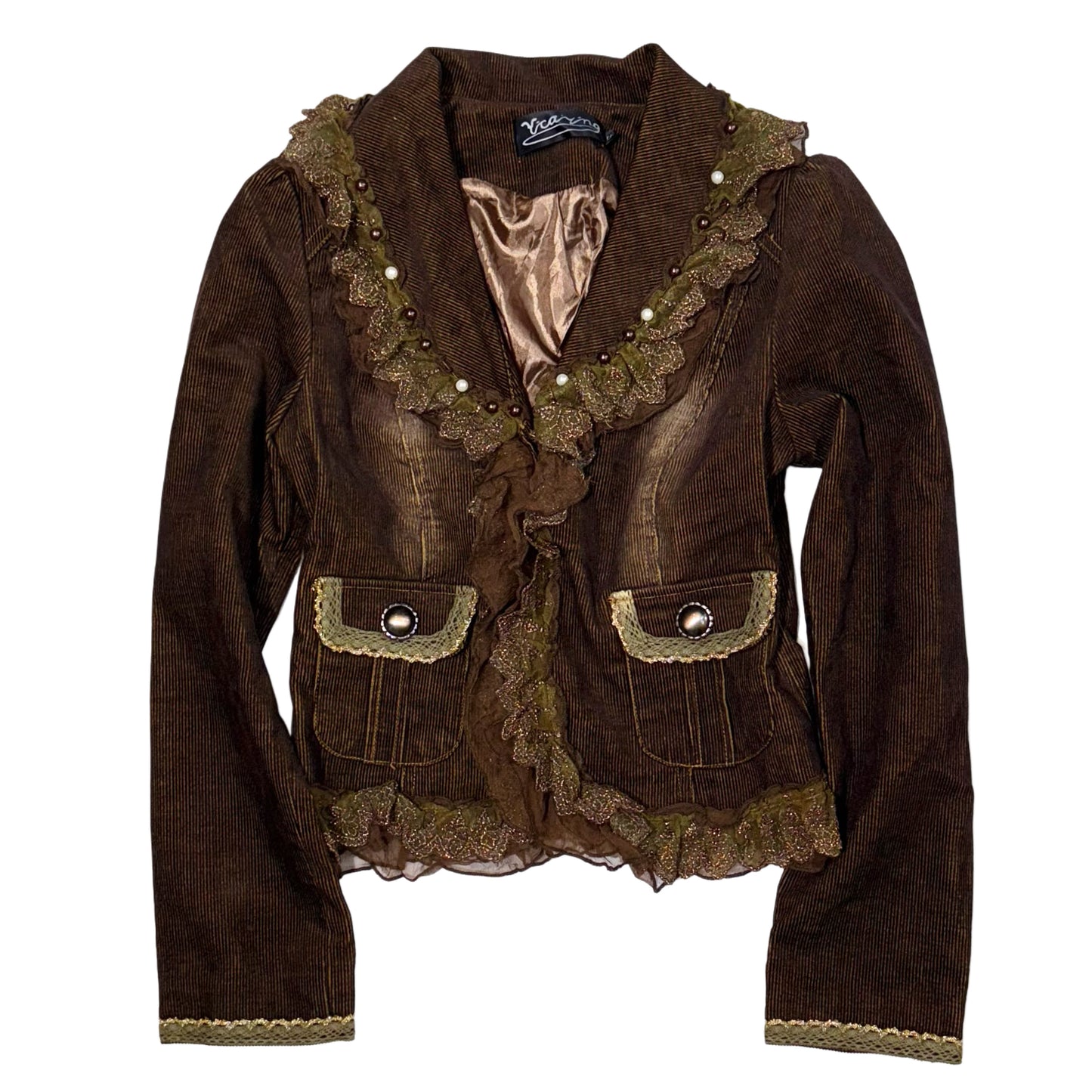 Brown washed embroidered corduroy jacket with lace