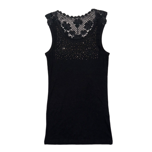 Black rhinestones lace tank