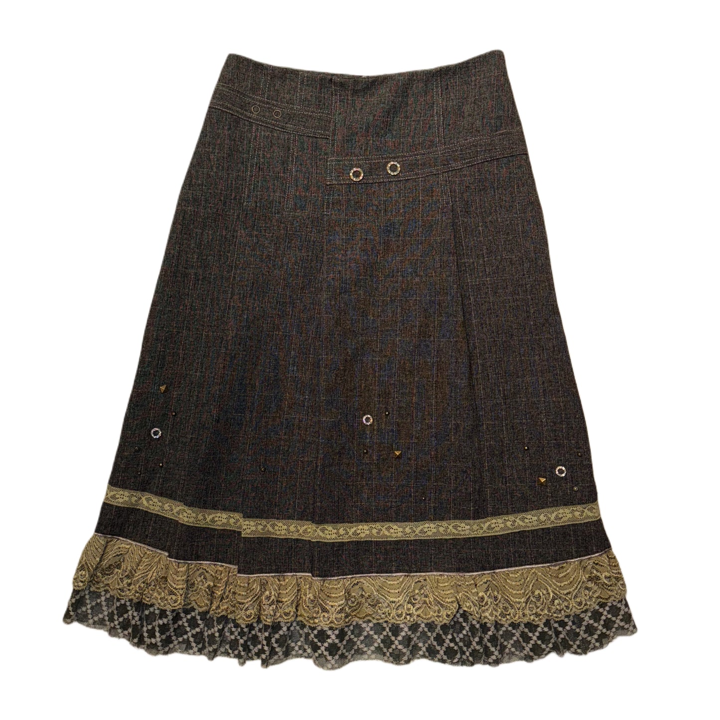 Brown checkered green lace skirt with rivets detail
