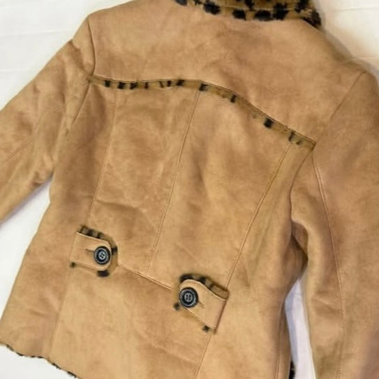 Brown suede leopard furry coat