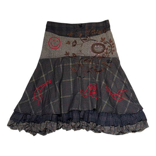Desigual brown checker layered skirt with embroidery details