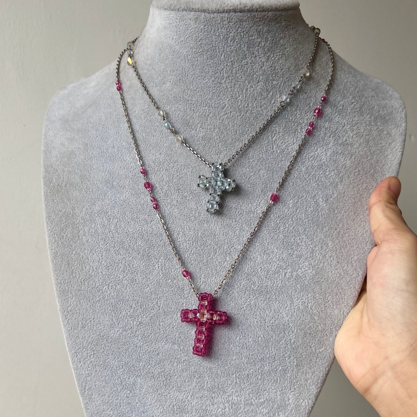 Pink/ baby blue beads cross