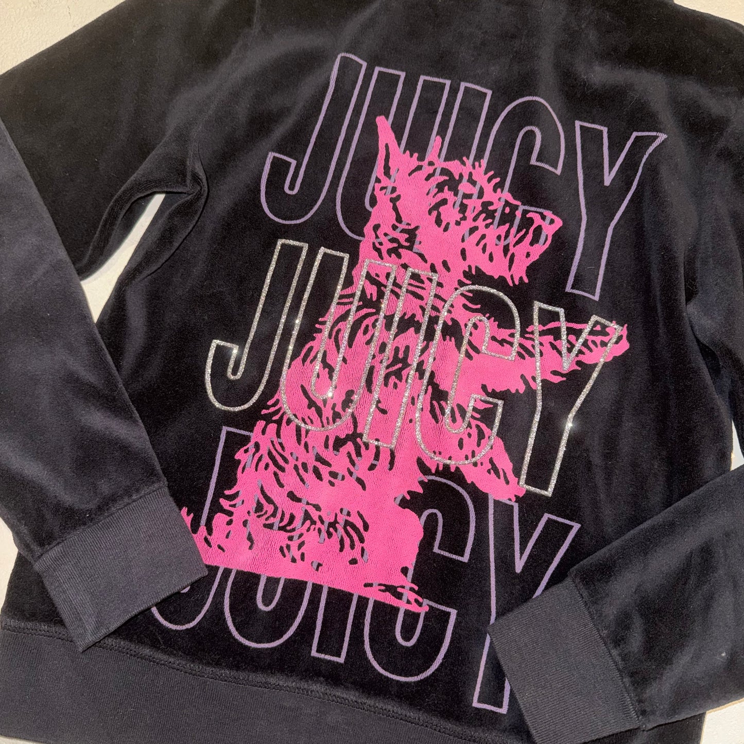 Juicy Couture black velvet zip up hoodie with “pink Juicy dog” graphic