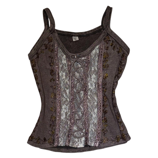 Brown tie dye lace tank