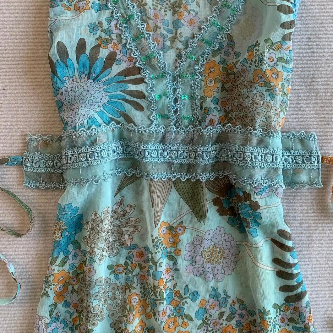 Blue floral mesh embroidered top